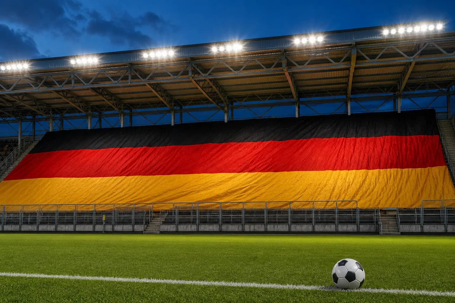 Det tyske flagget dekker en ståtribune under flomlys